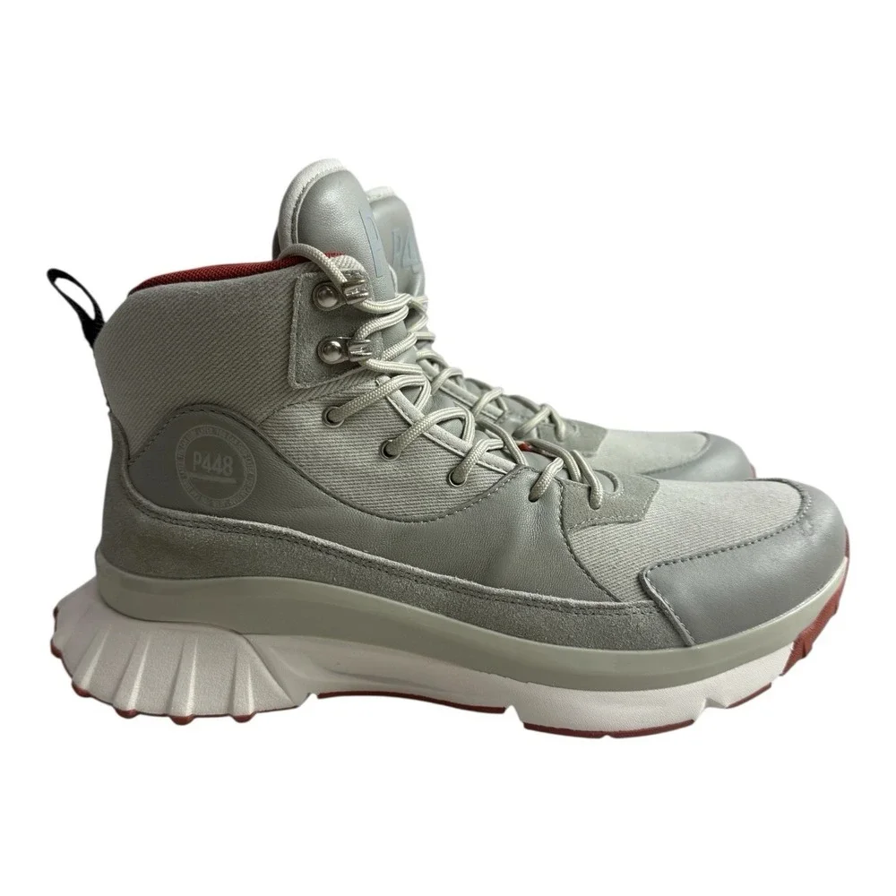 P448 Men's Ankle Boots Grey White Red Lace Up Logo Metal Eyelets EU 44 US‎ 11
